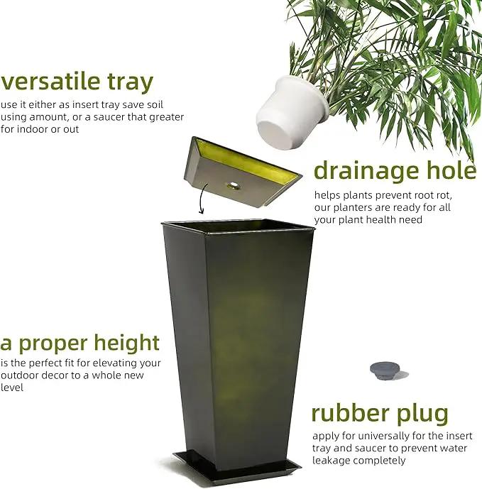 KOL 25'' & 28'' Tall Bright Glazed Planter with Insert, Set of 2, Galvanized Steel Planter Metal Pots with Drainage Hole for Indoor & Outdoor Use, Decorative Plant Pots for Front Porch, Patio - Green by GreenHaven Gardens