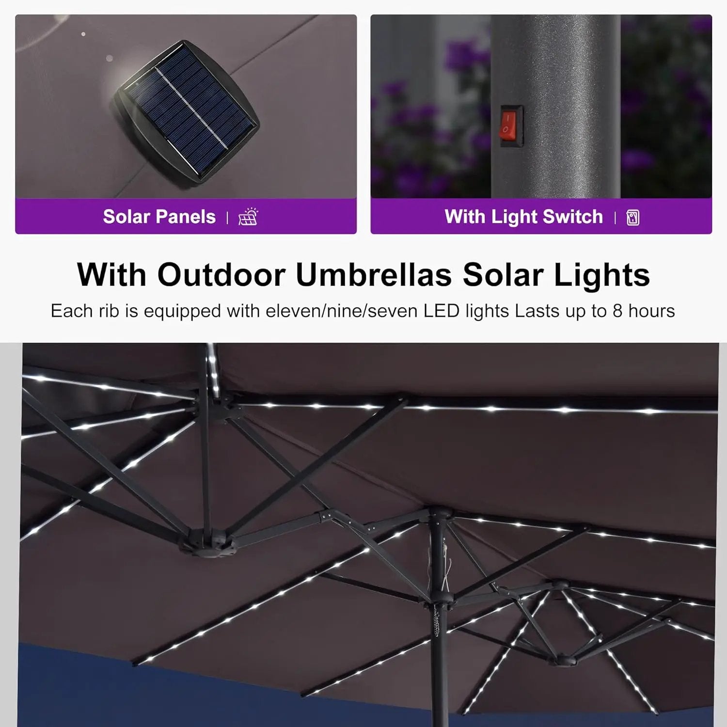 PURPLE LEAF 14ft Patio Umbrella with Solar Lights Outdoor Double-Side Market Umbrella with Base Included Rectangle Table Umbrella for Pool Garden Backyard, Light Grey by GreenHaven Gardens