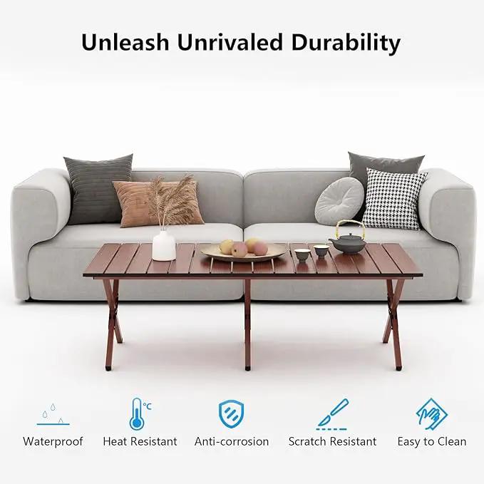 Folding Camping Table, 48Inch Lightweight Roll-Up Table Aluminum Low Portable Picnic Table with Carrying Bag for Outdoor, Beach, Picnic, Backyards, BBQ and Party Walnut Color by GreenHaven Gardens