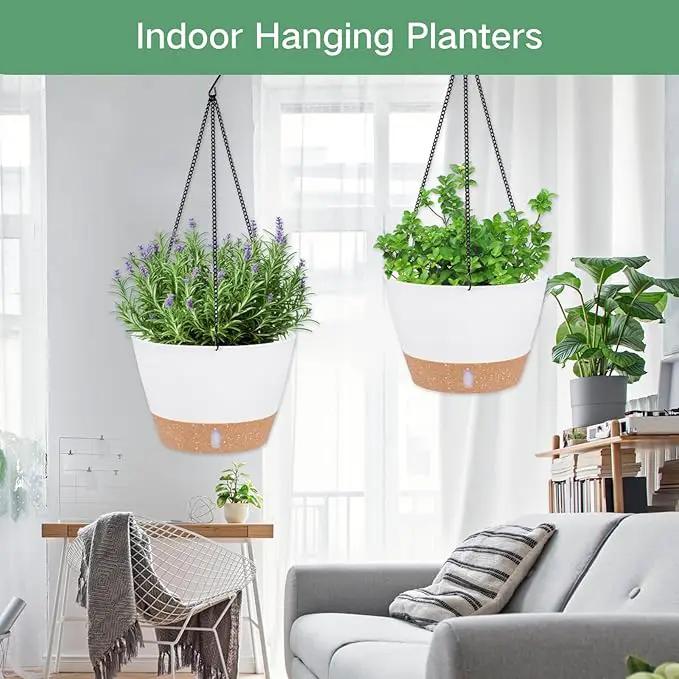 QCQHDU 2 Pack 10 inch Hanging Planters for Indoor Plants, Outdoor Hanging Baskets, Self Watering Pots with Drainage Holes & Removable Tray (White, 10 inch) by GreenHaven Gardens