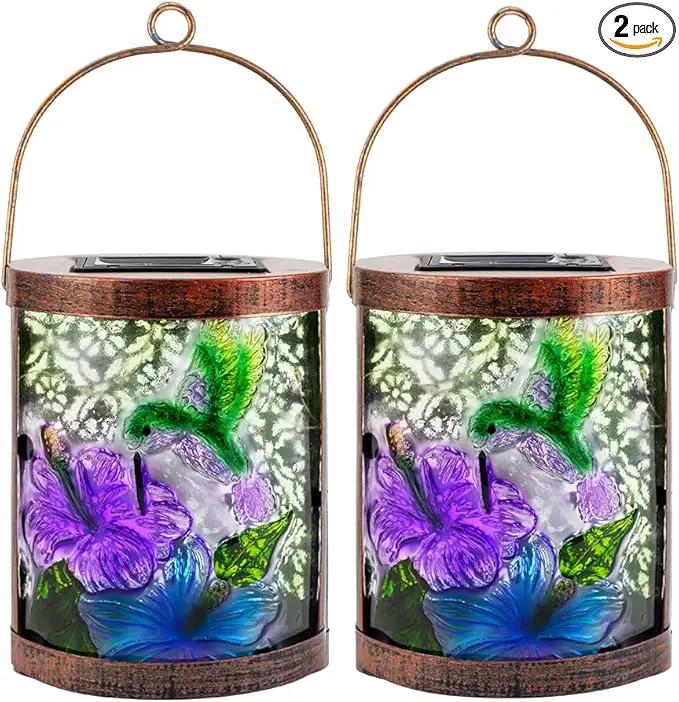 Starsoul 2 Pack Hanging Solar Lantern Outdoor Waterproof Glass Hummingbird Decorative Solar Lights for Outside Garden Yard Table Patio Decor by GreenHaven Gardens