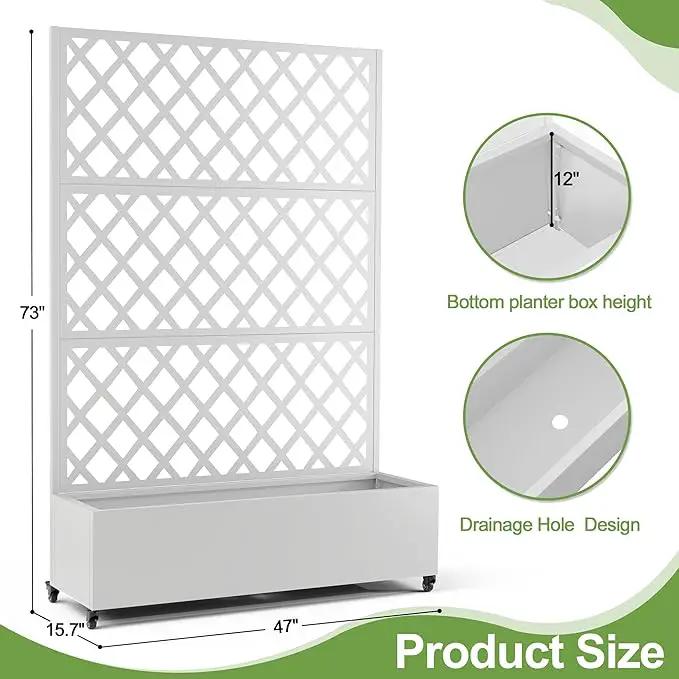 Metal Planter Trellis Box with Wheels & Drain Plug Outdoor Raised Garden Bed Patio Privacy Screen with Planter for Climbing Plants, Vegetables 73"x47"x16" White-Diamond by GreenHaven Gardens