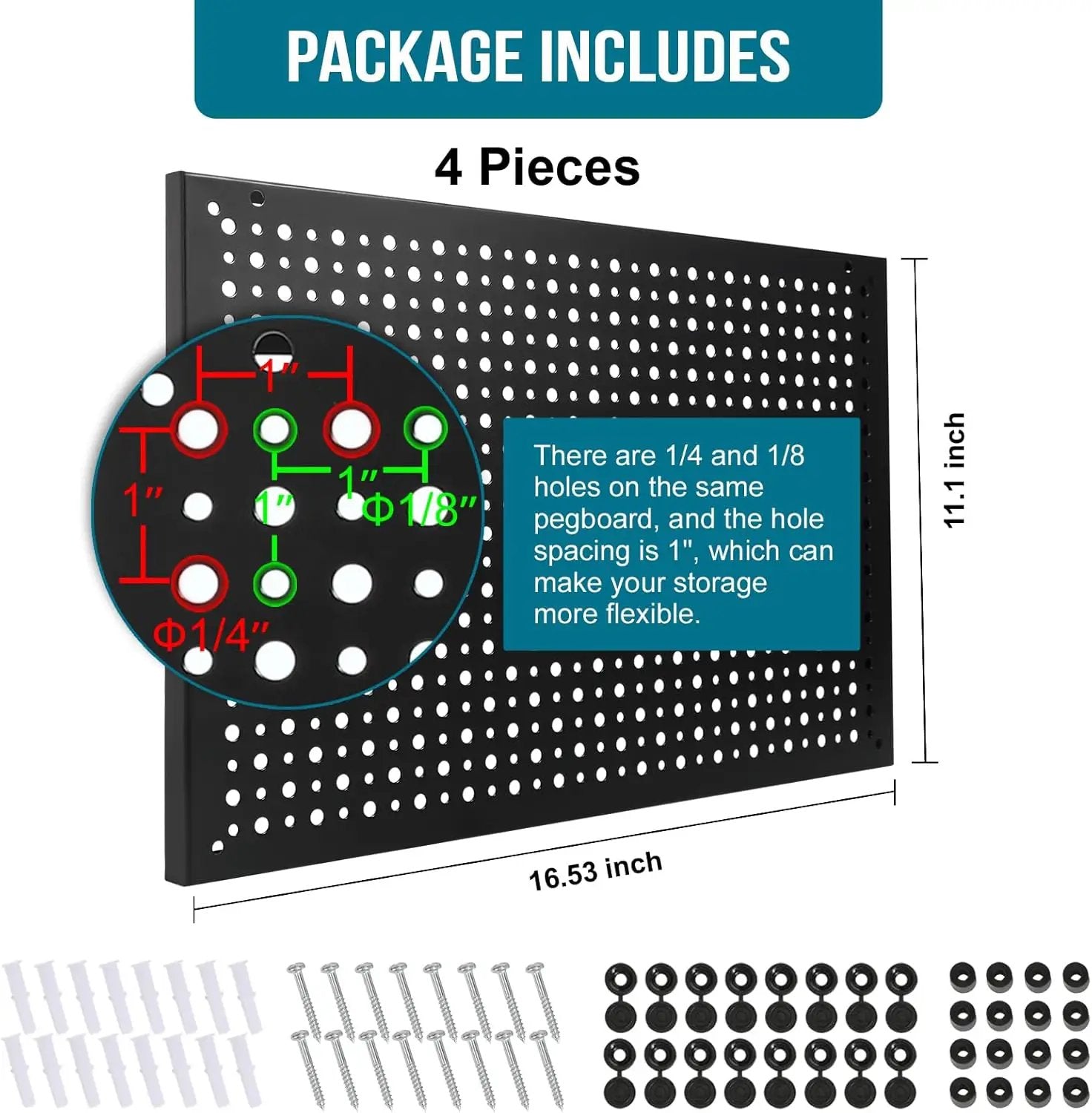 4 Pack Heavy Duty Steel Pegboard Garage Organization Panels,Universal 1/8 and 1/4 Pegboard Accessories,Suitable for Tool Storage,Garage Storage etc. (Black, 16X10.5) by GreenHaven Gardens