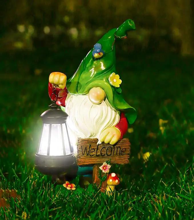 Garden Gnome Statue, Resin Figurine with Bright Solar Lantern Lights and Welcome Sign, Outdoor Solar-Powered Illumination Yard Art Decorations for Indoor Outdoor Patio Lawn Garden Room by GreenHaven Gardens