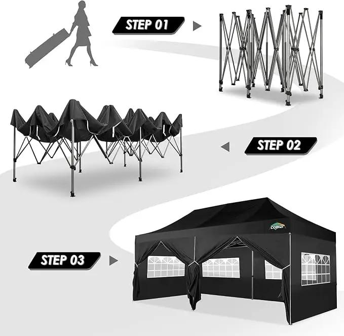 COBIZI 10x20 Canopy with Sidewalls, Heavy duty Party Tent Pop up carpas para fiestas, Tents for Parties, wedding, Outdoor Ez up Foldable Portable Canopy Tent with Wheeled Bag, Black(Windproof Upgrade) by GreenHaven Gardens