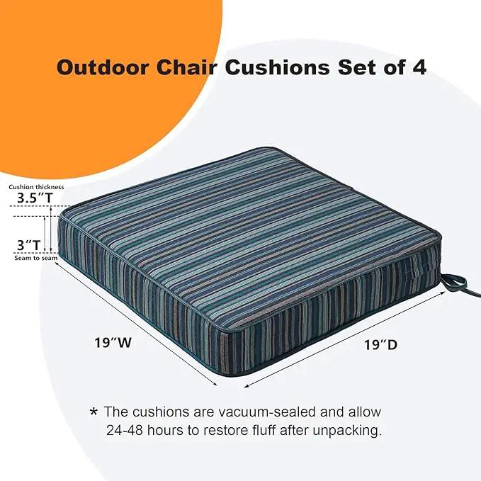 Sunbrella Square Corner Seat Cushions, 19" x 19" x 3", Set of 4, Indoor Outdoor Water Repellent Universal Chair Pads with Ties for Patio Furniture, Garden Dining Chairs, Troupe Dock by GreenHaven Gardens