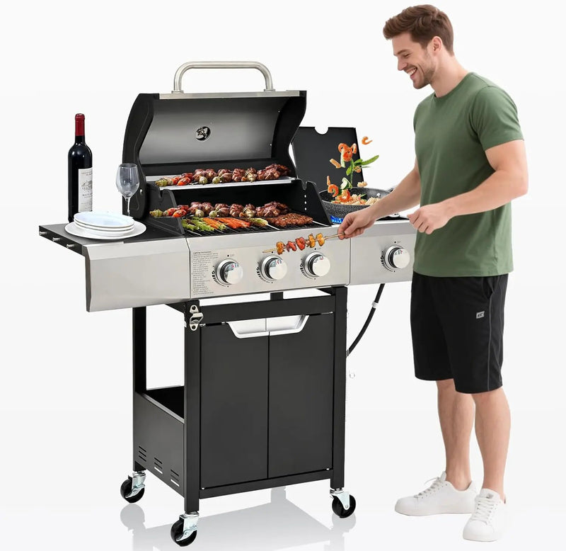 3-Burner Propane Gas BBQ Grill with Side Burner, Porcelain-Enameled Cast Iron Grates and Side Tables, 40,500 BTU Stainless Steel Grill for Outdoor Camping Barbecue Grilling Backyard Cooking by GreenHaven Gardens