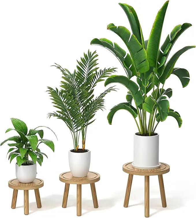 3-Pack Wood Plant Stands Indoor, Single Plant Stand for 6-12 Inch Pots, Mid-Century Modern Plant Stool, Tall Plant Stand for Large Plants for Living Room, Balcony, Office (Light Brown by GreenHaven Gardens