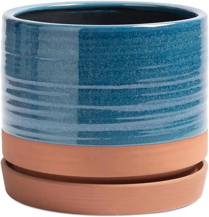 8 Inch Pots for Plants, Ceramic Planter Pot with Drainage Hole & Saucer, Indoor/Outdoor Cylinder Round Planter Pot, Blue & Terracotta by GreenHaven Gardens