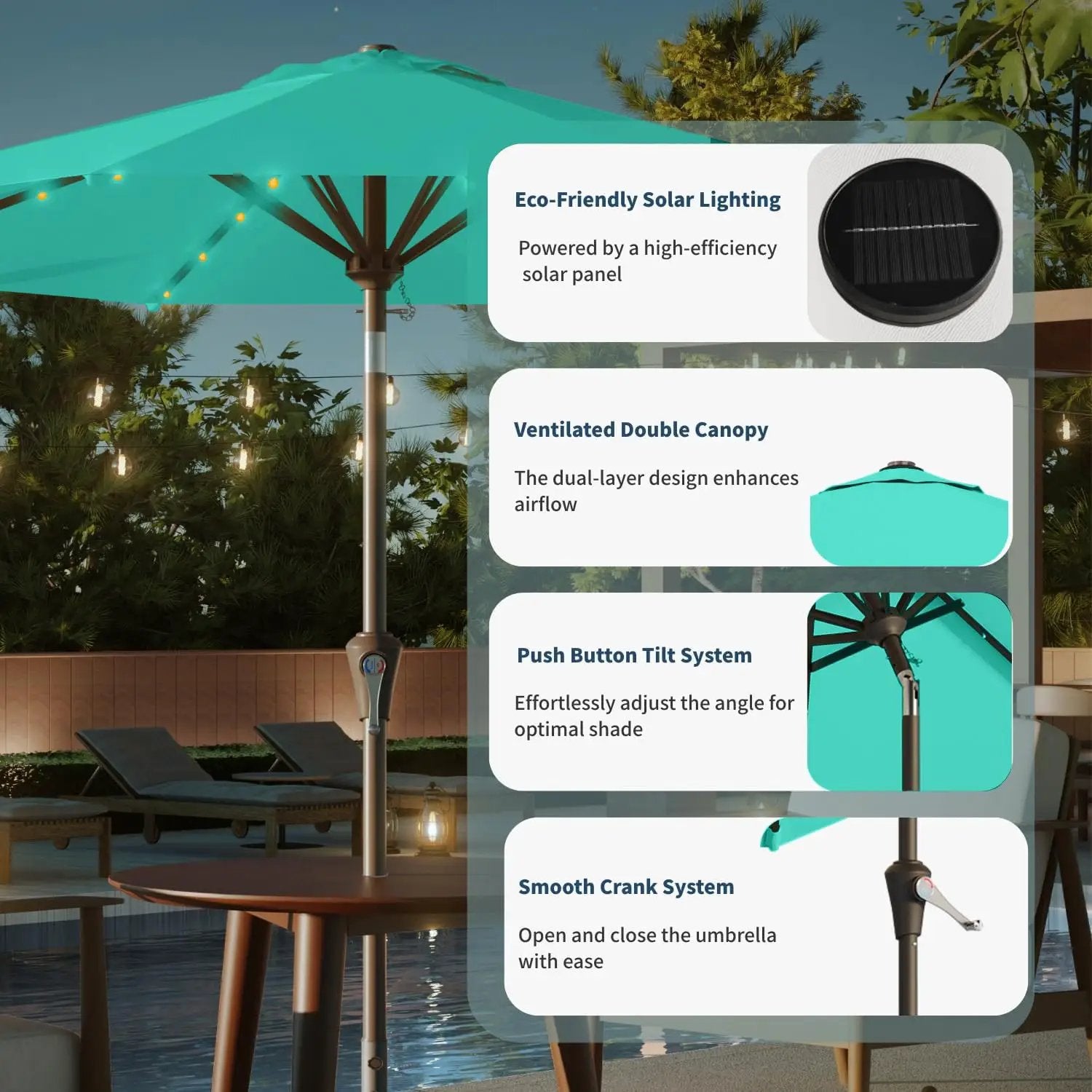 10FT Solar Umbrella 32 LED Lighted Patio Umbrella Table Market Umbrella w/Tilt and Crank, UV-Resistant Outdoor Umbrella for Pool, Garden, Deck, Turquoise Blue by GreenHaven Gardens