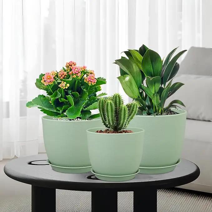 Large Plant Pots 12/10/9 inch, Set of 3 Modern Decorative Plastic Planters with Drainage Holes and Saucers, Flower Pots for Indoor Outdoor Plants, Green by GreenHaven Gardens