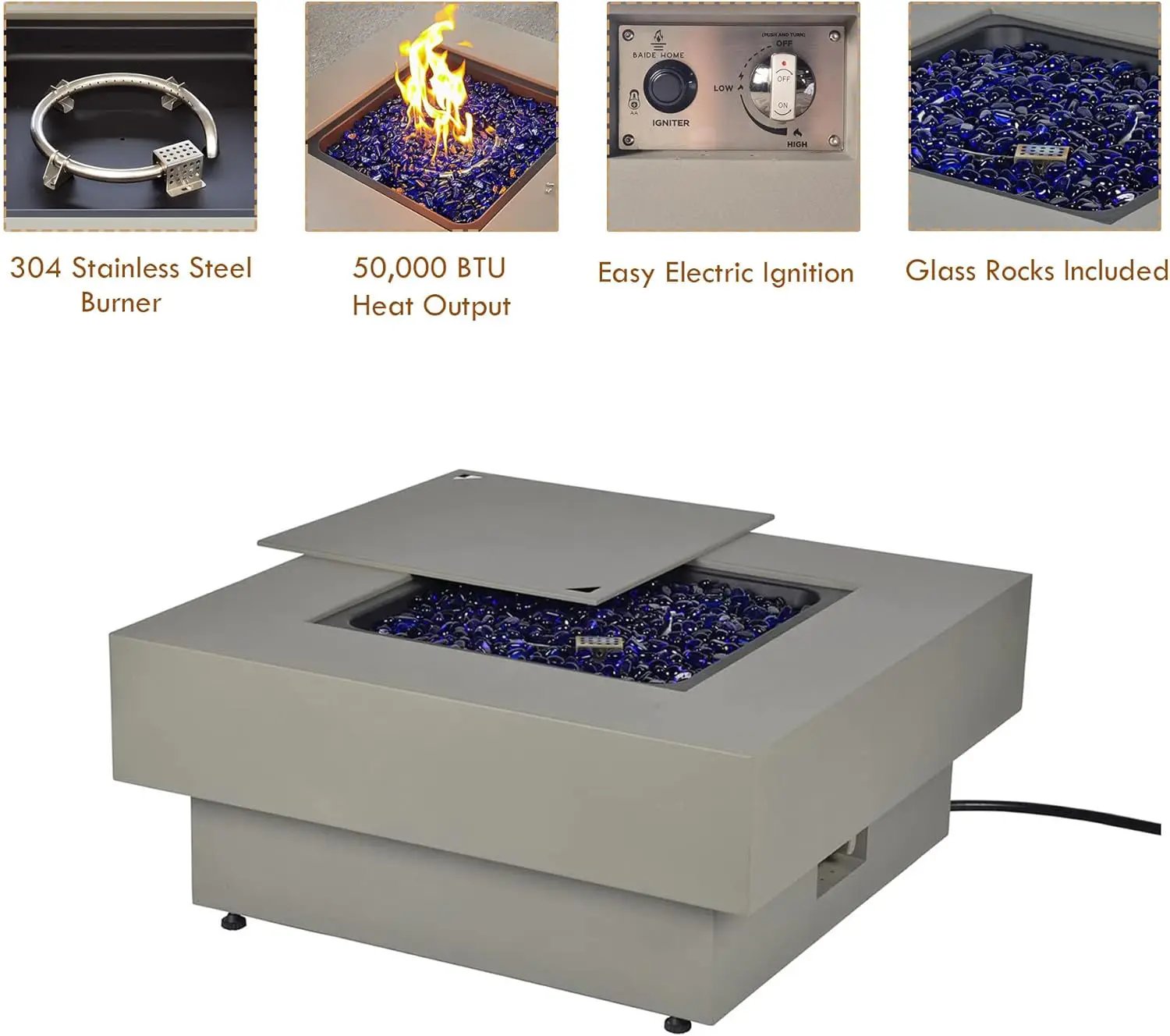 32.5-inch Outdoor Gas Fire Pit with 20lb Propane Tank Cover Table, 50,000BTU Propane Gas Fire Pits for Outside Patio w/Square Burner Lid, Glass Rocks, Pre-Attached 10ft External Gas Hose by GreenHaven Gardens