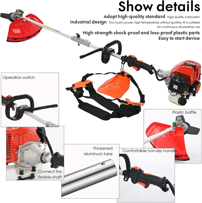 Weed Eater Gas Powered 52cc - 2 Cycle, 5 in 1 Grass Trimmer, Gas Hedge Trimmer, String Trimmer, Brush Cutter, Pole Saw with Extension Pole, Multi Functionallandscaping Tools & Equipmen Red by GreenHaven Gardens