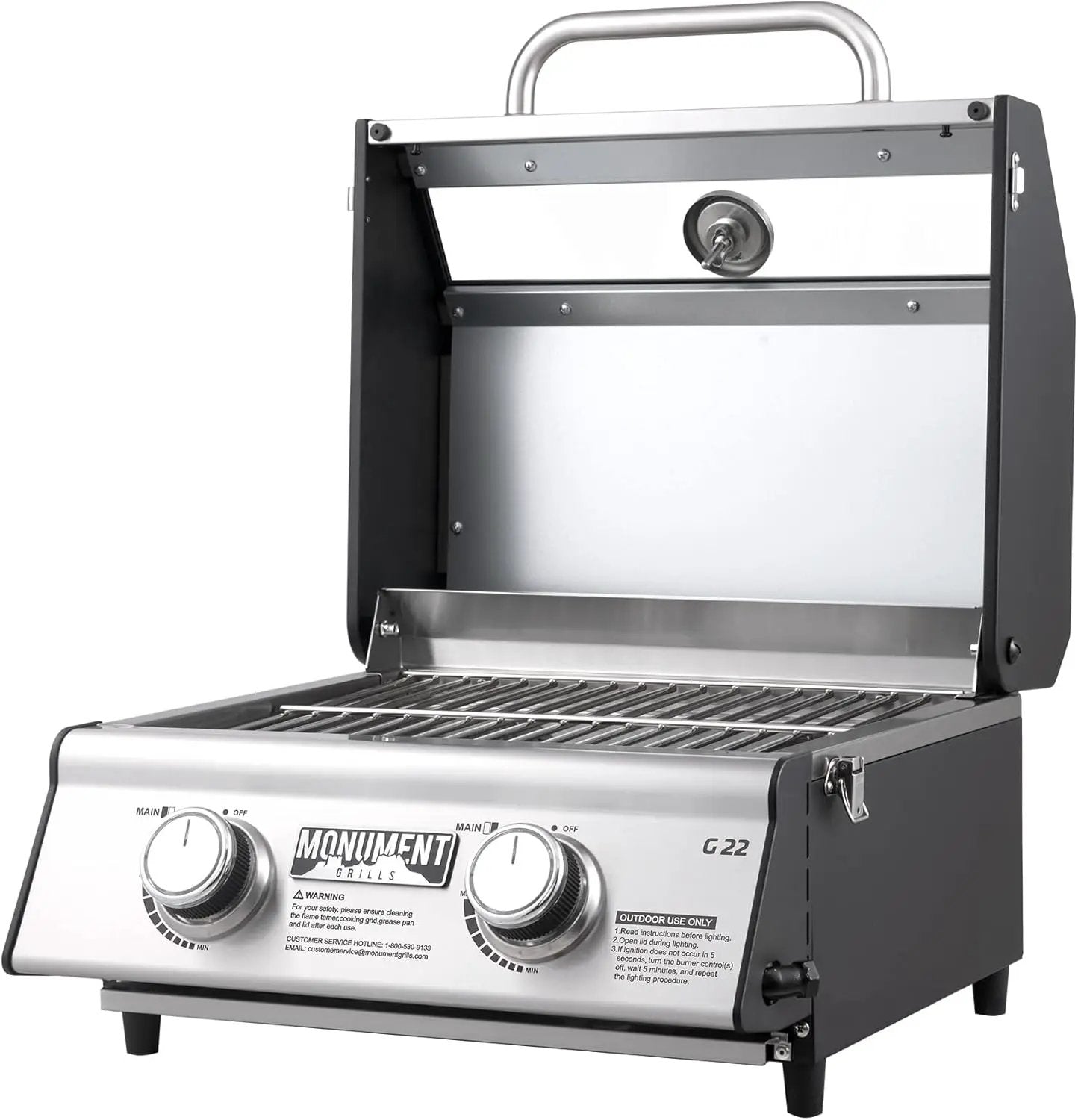 Portable Propane Gas Grill 2-Burner Tabletop Clearview® Monument Grills for Outdoor Camping Cooking, Two 15,000 BTU Burners, Stainless Steel, and Built-in Thermometer by GreenHaven Gardens