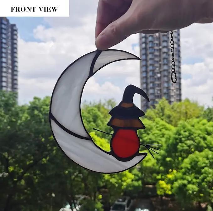 Witch On Moon Stained Glass Window Hanging Panel, Suncatcher for Windows, Witch Decor Riding Moon Face Sun Catcher Halloween Ornament. by GreenHaven Gardens
