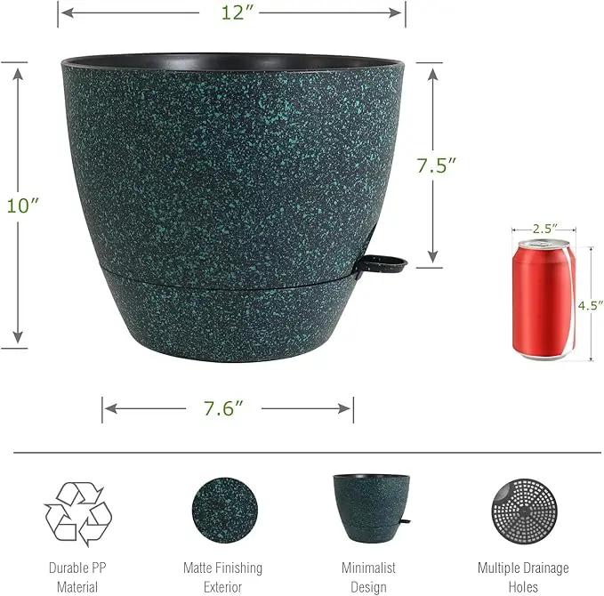 12 inch Large Self Watering Pots, Plastic Planters with 60oZ Removable Deep Reservoir and Multi Mesh Drainage Holes for Indoor Outdoor Garden Plants and Flowers, Black with Green Speckles by GreenHaven Gardens