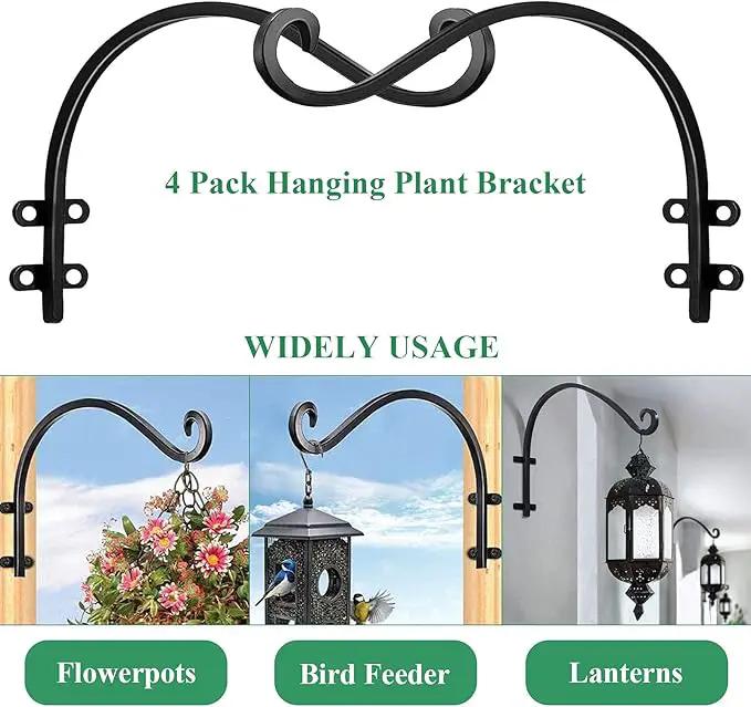 4 Pack Heavy Duty Plant Hanger Bracket, 12Inch Hanging Brackets for Plants Outdoor and Indoor, 80lbs Holding Capacity Metal Plant Wall Hooks, Black Hanging Plant Brackets for Flower Wind Bird Feeder by GreenHaven Gardens