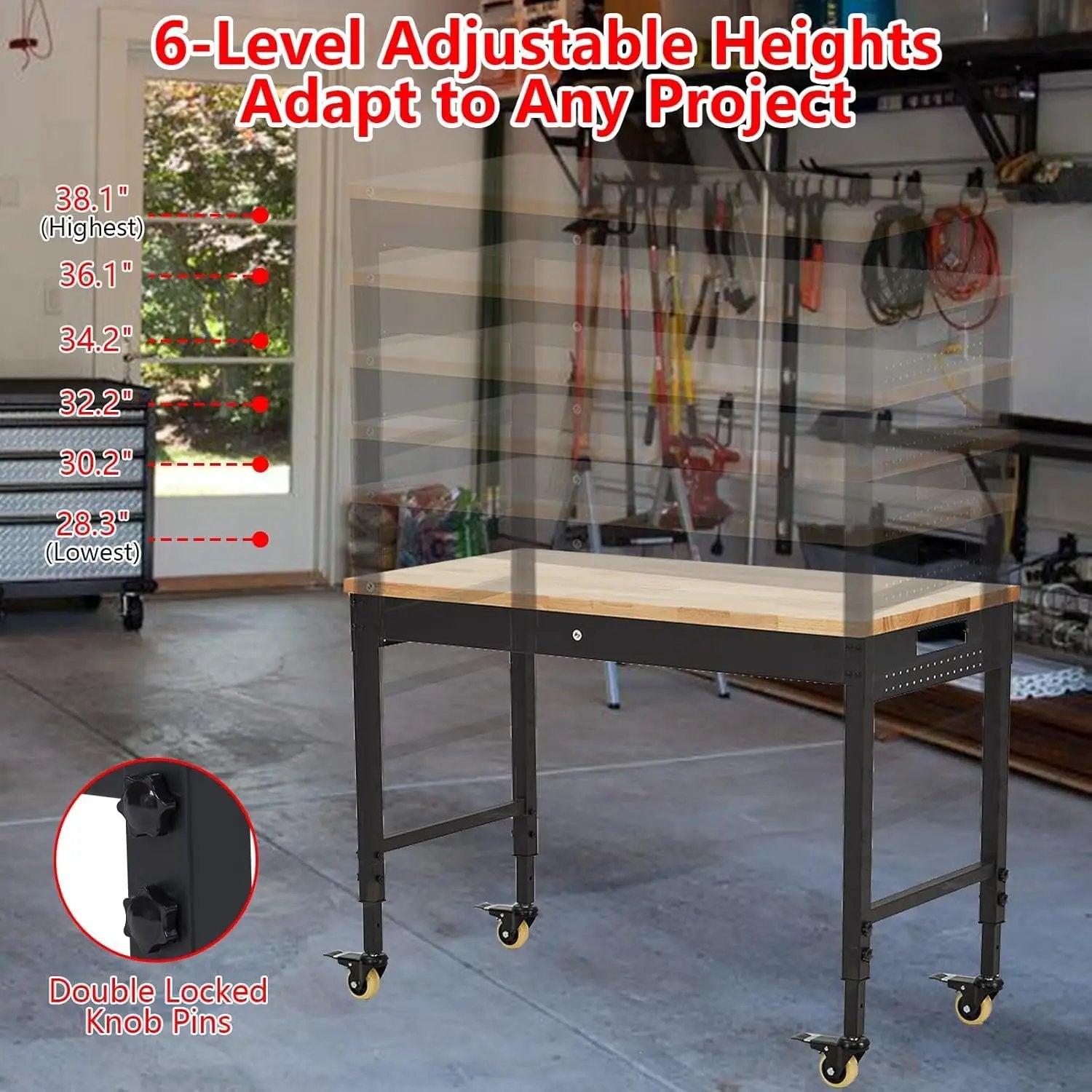 48'' Adjustable Workbench, Heavy Duty Workbench with Power Outlet and Lockable Wheels, 2000 LBS Capacity, Work Table Suitable for Office, Garage, Workshop by GreenHaven Gardens