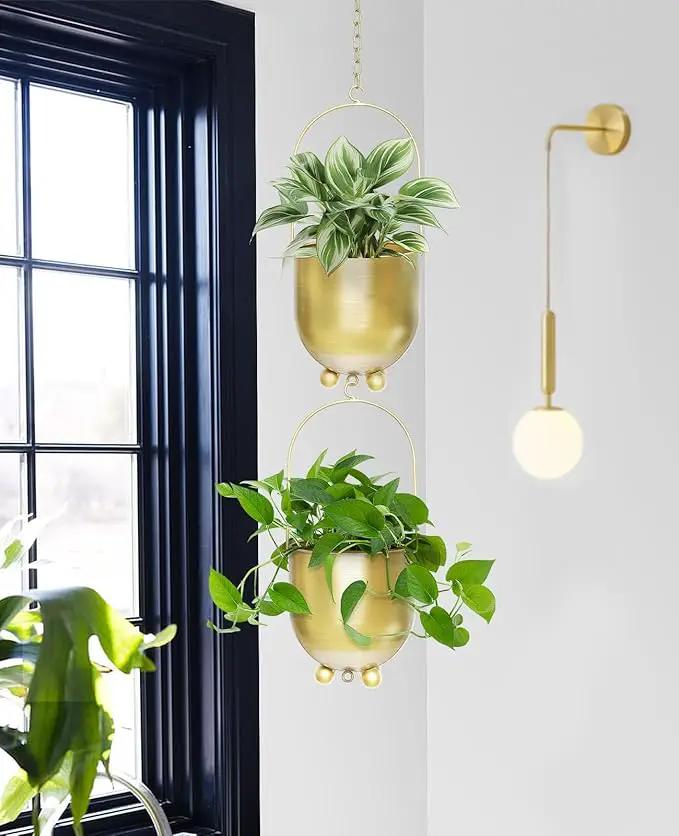 AceList Boho Gold Metal Hanging Planters, Set of 2 with Hooks & Chains - Versatile Wall & Ceiling Window Hanging Planters for Indoor/Outdoor Décor by GreenHaven Gardens