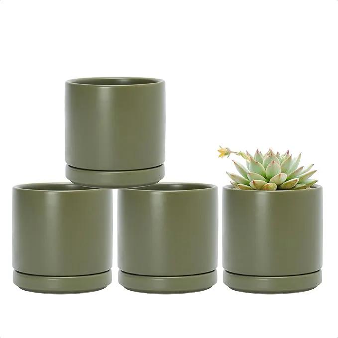 D'vine Dev Set of 4 Small Ceramic Plant Pots, 3.5 Inch Succulent Planter Pot for Plants with Drainage Hole and Saucer, Olive, 94-X-A-0 by GreenHaven Gardens