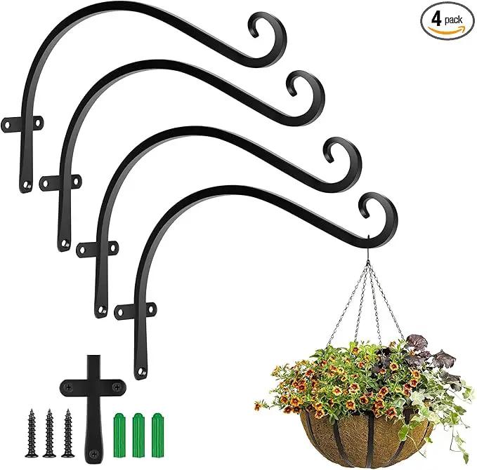 HOOPLE Plant Hangers Outdoor Heavy Duty 4 Pack, Cast Iron Bird Feeder Hanger, Metal Black Plant Brackets Hook for Hanging Flower Baskets, Elegant Design, Large Bearing Capacity by GreenHaven Gardens