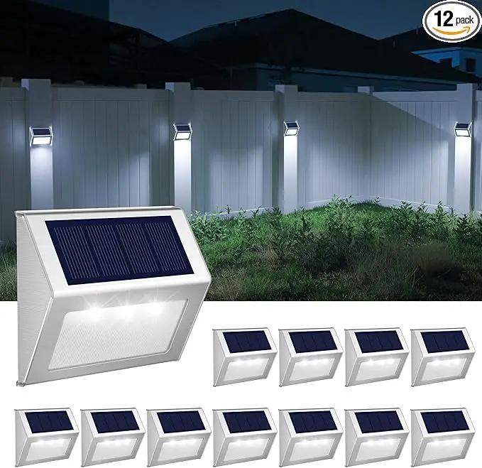 JSOT Outdoor Fence Lights,12 Pack Solar Powered Deck Lights Waterproof Stairs Light Stainless Steel Security Wall Lamps for Step Walkway Patio Garden Pathway - Cool White by GreenHaven Gardens