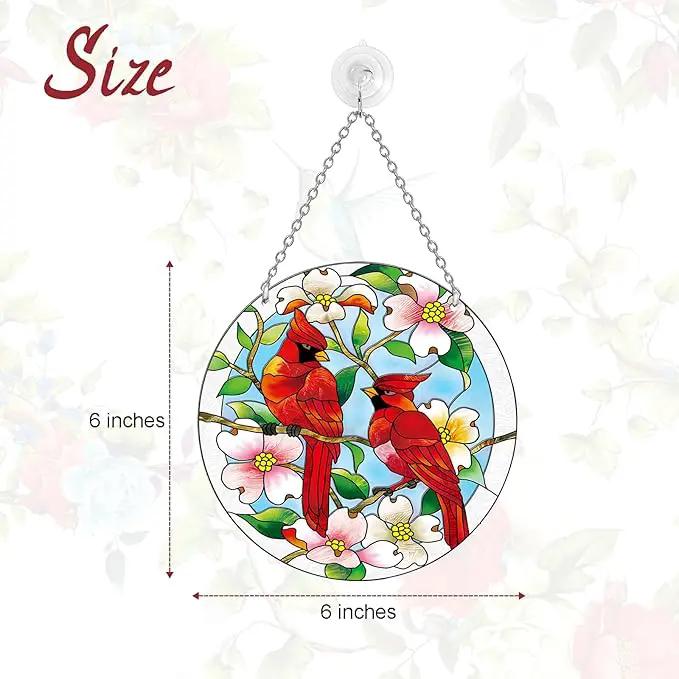 Cardinal Suncatcher Stained Glass, Cardinal Gifts for Women, Stained Glass Window Hanging - Red Birds Suncatchers for Windows, American Glass Hanging, Hand Painted Glass for Birds Lover (6inch) by GreenHaven Gardens