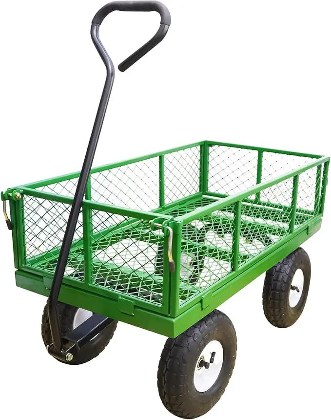 AAIN 600 lbs Metal Garden Cart,Heavy Duty Garden Wagon with Removable Steel Mesh Sides, Utility Yard Cart with 180° Rotating Handle and 10-inch Wheels—Perfect for Gardens, Farms, and Yards, Green by GreenHaven Gardens