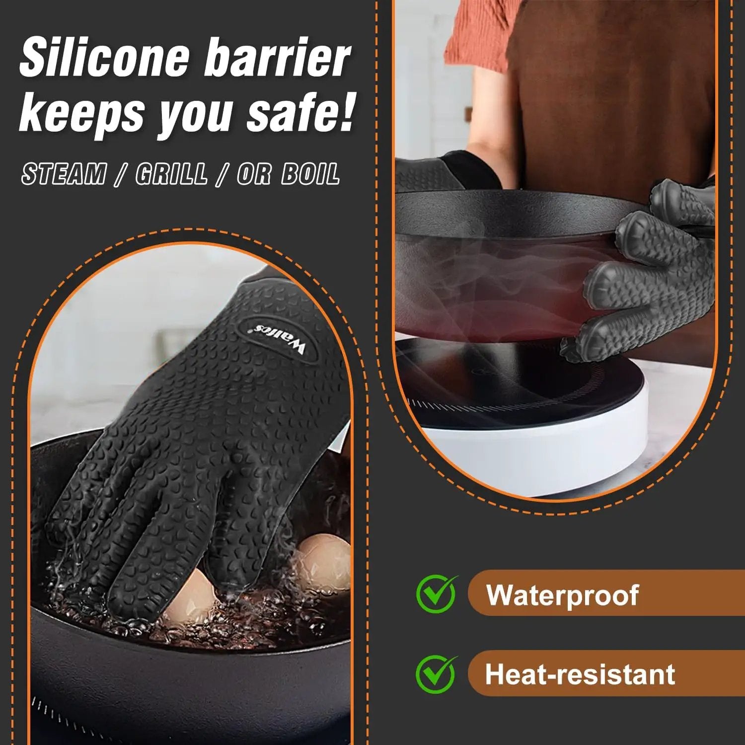 Walfos Silicone BBQ Gloves - Heat Resistant Grilling Gloves, Premium Non-Slip Kitchen Silicone Oven Mitt With Protective Cotton Layer Inside, Waterproof, Great for Grilling, Kitchen and Cooking, Black by GreenHaven Gardens