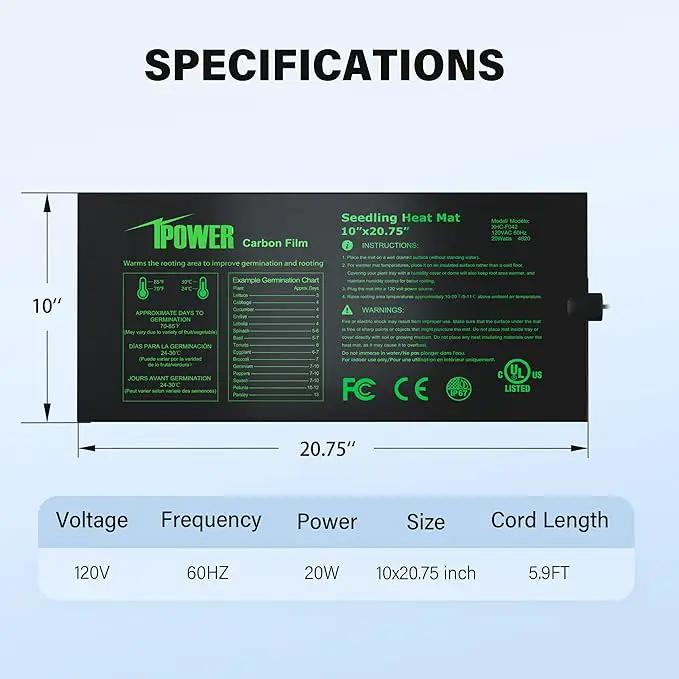 iPower 10" x 20.75" Seeding Heat Mat with New-Upgraded Carbon Film, Indoor Gardening Plant Germination Starting Pad, Durable Waterproof, Black by GreenHaven Gardens