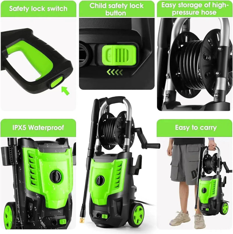 4800 PSI Pressure Cleaner- 4.0 GPM High Power Cleaner with 33FT Hose Reel, 4 Spray Tips and Soap Bottle for Car Washing, Fence Cleaning, Patio Maintenance（Upgraded） (Green) by GreenHaven Gardens