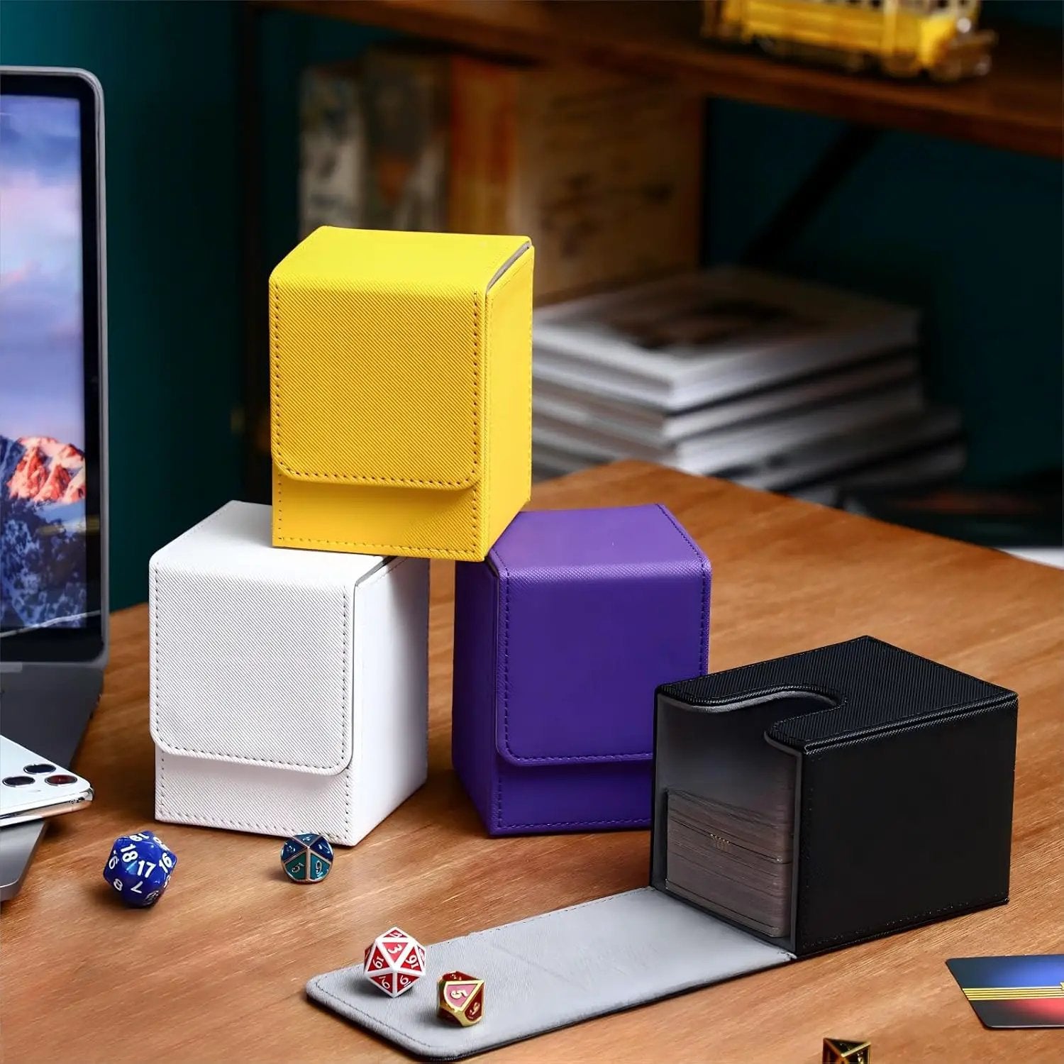 Yookeer 4 Pieces Leather Deck Card Boxes Cards Deck Game Box for Collectible Playing Card Box Compatible with MTG Commander(White, Black, Purple, Yellow,Vertical) by GreenHaven Gardens