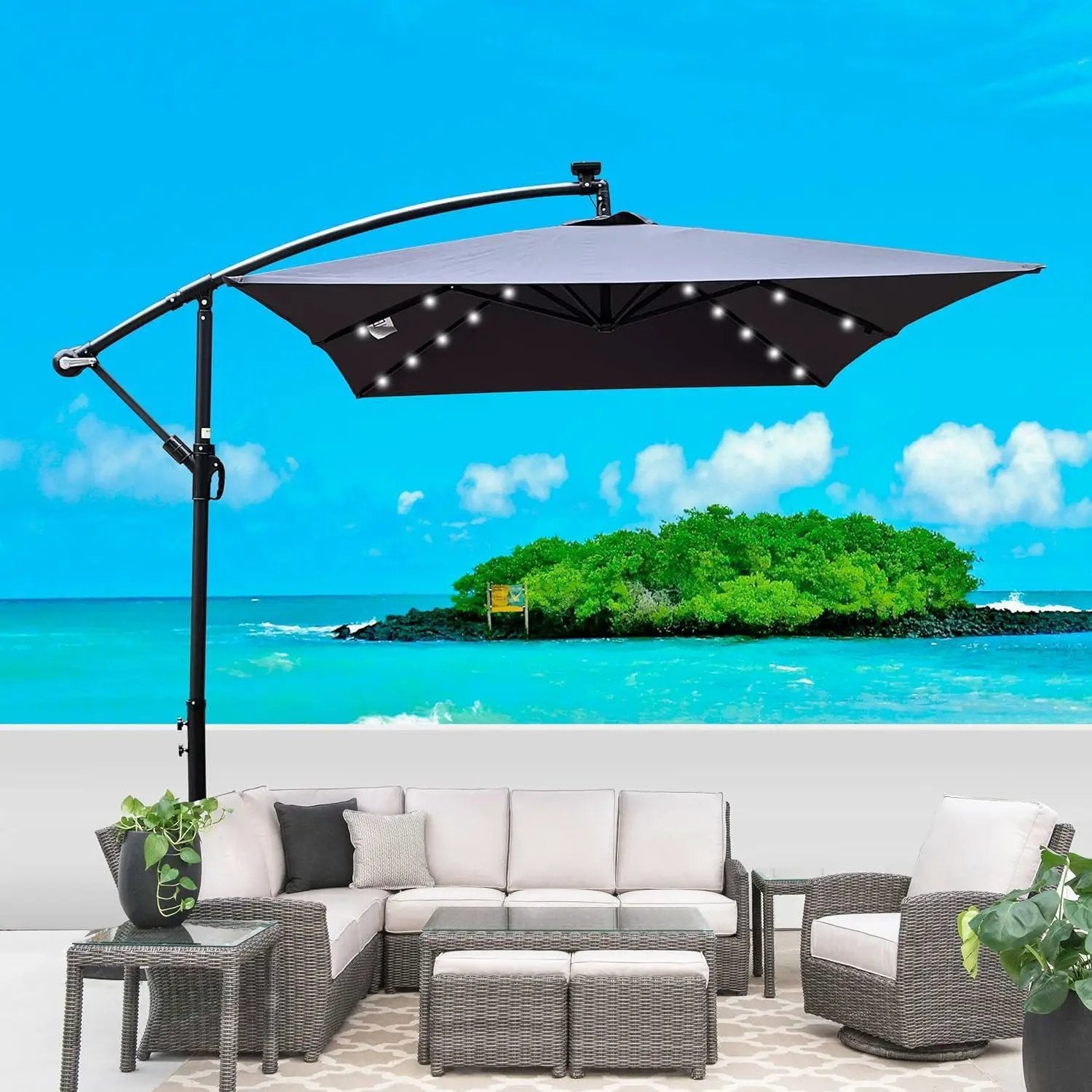 10x6.5FT Patio Umbrella, Outdoor Offset Umbrella with Cross Base and Crank, Rectangular Cantilever Umbrella with Solar Lights, Hanging Market Umbrella with 6 Rids for Pool, Deck, Backyard (Anthracite) by GreenHaven Gardens