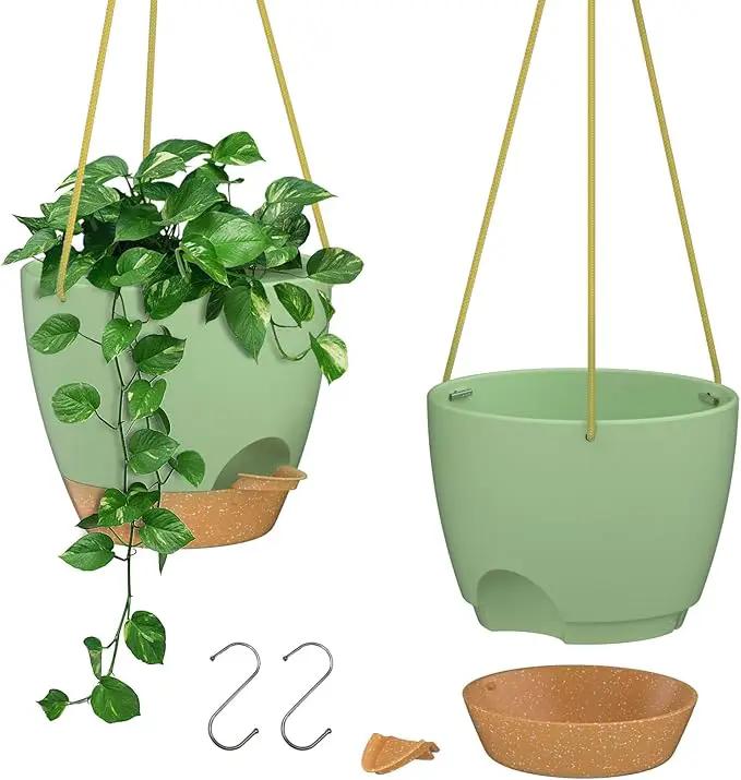 ZMTECH 10 Inch Hanging Planters for Indoor Outdoor Plants, 2 Pack Self Watering Hanging Plant Pots with Drainage Holes and Removable Saucer, Plastic Flower Hanging Pots with Watering Lip (Green) by GreenHaven Gardens