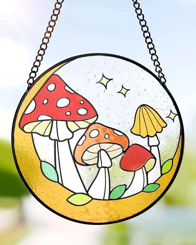 Tuitessine Mushroom Stained Glass Suncatcher Moon Toadstools Window Wall Hanging Ornament Hand-Painted Glass Panel Decor for Home Gift for Nature Plant Mushroom Lovers 6.3"*6.3" by GreenHaven Gardens