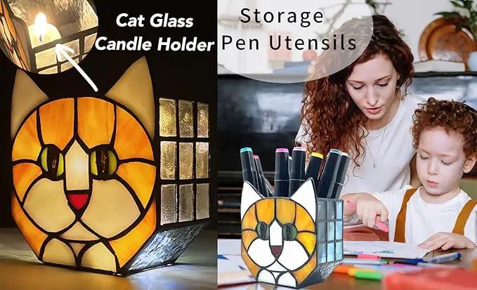 Tiffany Style Orange Cat Stained Glass Flower Pots,Indoor Plant Display, Orange Cat Small Pots for Plants, Gift for Cat Lovers,4.6x5.15x2.3 in （Excluding Plants） by GreenHaven Gardens