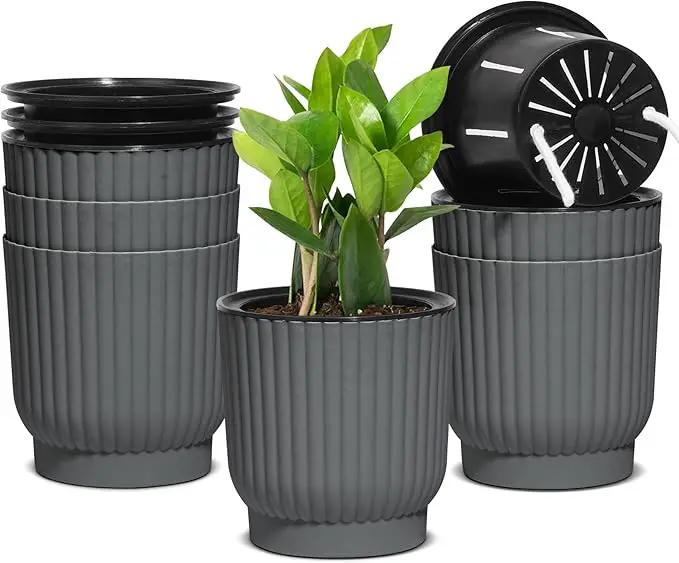 T4U 4.5 Inch Self Watering Pots for Indoor Plants, 6 Pack Gray Plastic Flower Pots for All House Plants, Flowers, African Violets by GreenHaven Gardens