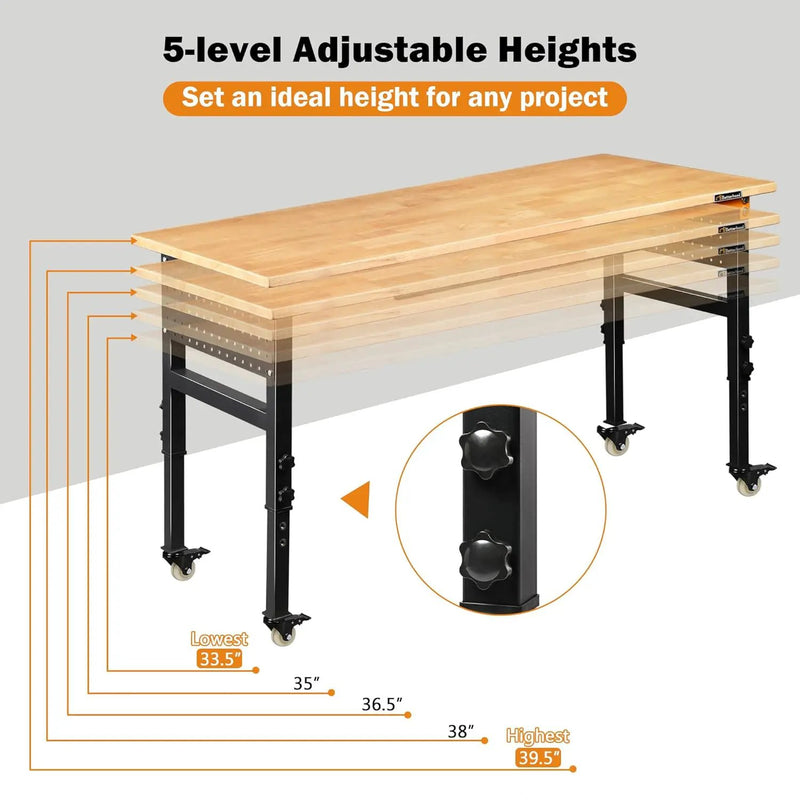 60" Adjustable Workbench for Garage, Rubber Wood Shop Table W/Wheels & Double Pegboards & Drawer, 2000 LBS Load Capacity Hardwood Worktable for Workshop, Garage, Office, Home, Commercial by GreenHaven Gardens
