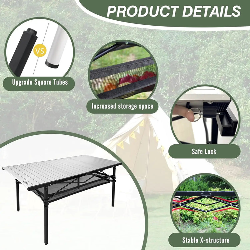Large Folding Camping Table Aluminum with Storage for 4-6 People 55"X27.5" Roll Up Tall Outdoor Portable Table Lightweight with Carry Bag for Picnic BBQ Backyard Beach by GreenHaven Gardens
