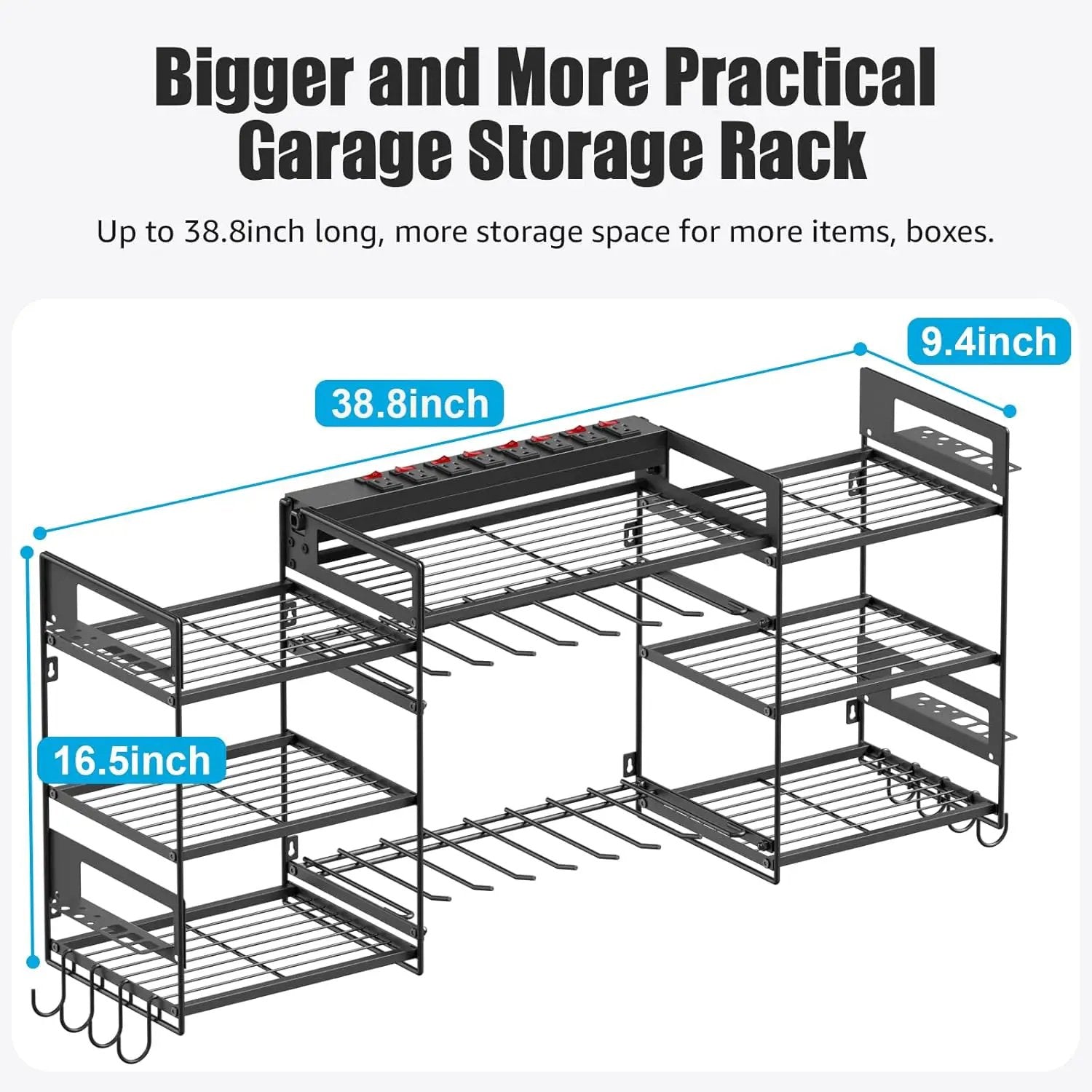 CCCEI Black Power Tool Organizer Wall Mount, Large Tools and Battery Storage Rack Charging Station Individual Switches. Drills Holder, Garage Utility Shelves with 6FT Power Strip. Gift for Men. by GreenHaven Gardens