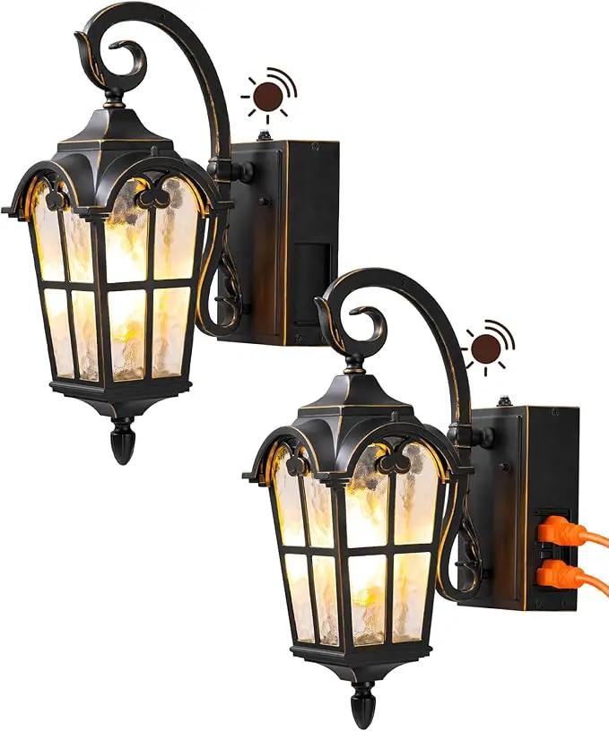 EDISHINE 2 Pack Dusk to Dawn Outdoor Wall Lights, Porch Lights with GFCI Outlet, Retro Black Outdoor Wall Lantern, Waterproof Outside Exterior Light Fixture for Front Door, Patio, Garage, E26 Socket by GreenHaven Gardens