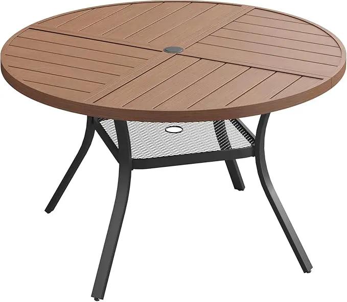 DIFY 40.6" Round Outdoor Patio Dining Table for 4, All-Weather Metal Steel Slatted Patio Table with 1.57" Adjustable Umbrella Hole, for Lawn Garden Porch Backyard, Walnut by GreenHaven Gardens