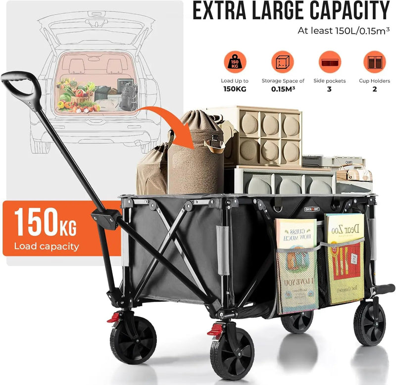 Overmont 150L Wagons Carts Foldable - Large Capacity Folding Collapsible Wagon Cart for Grocery Camping Utility Gardening Sports Travelling- 330lbs Load by GreenHaven Gardens