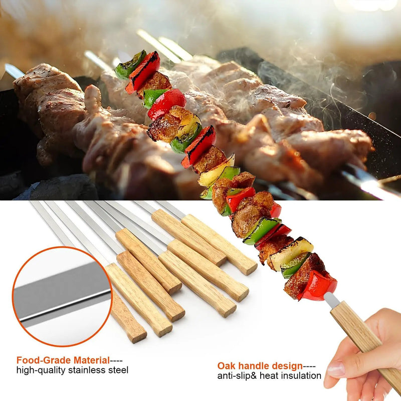 SHIKORI Kabob Skewers,BBQ Barbecue Skewers,Stainless Steel Sticks,23 Inch Heavy Duty Large Wide Reusable,with Nonslip Wooden-12 Pcs by GreenHaven Gardens