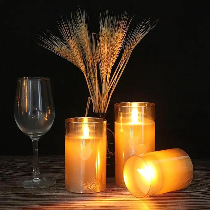 Glass Flickering Flameless Candles with Remote Timer, LED Pillar Candles Battery Operated with 3D Realistic Wick, Real Wax Fake Candles Home Decor for Wedding Festival Party(Gold) by GreenHaven Gardens