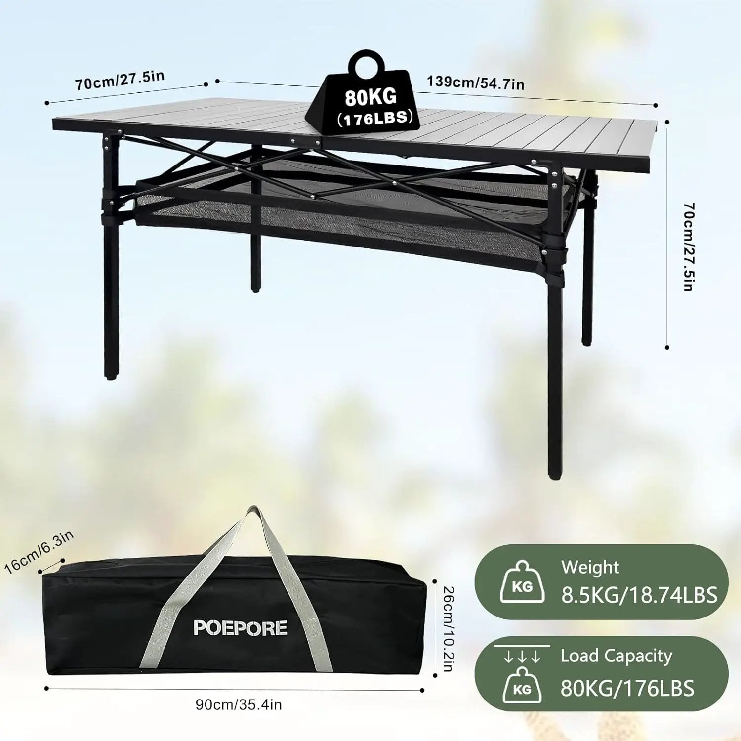 Large Folding Camping Table Aluminum with Storage for 4-6 People 55"X27.5" Roll Up Tall Outdoor Portable Table Lightweight with Carry Bag for Picnic BBQ Backyard Beach by GreenHaven Gardens