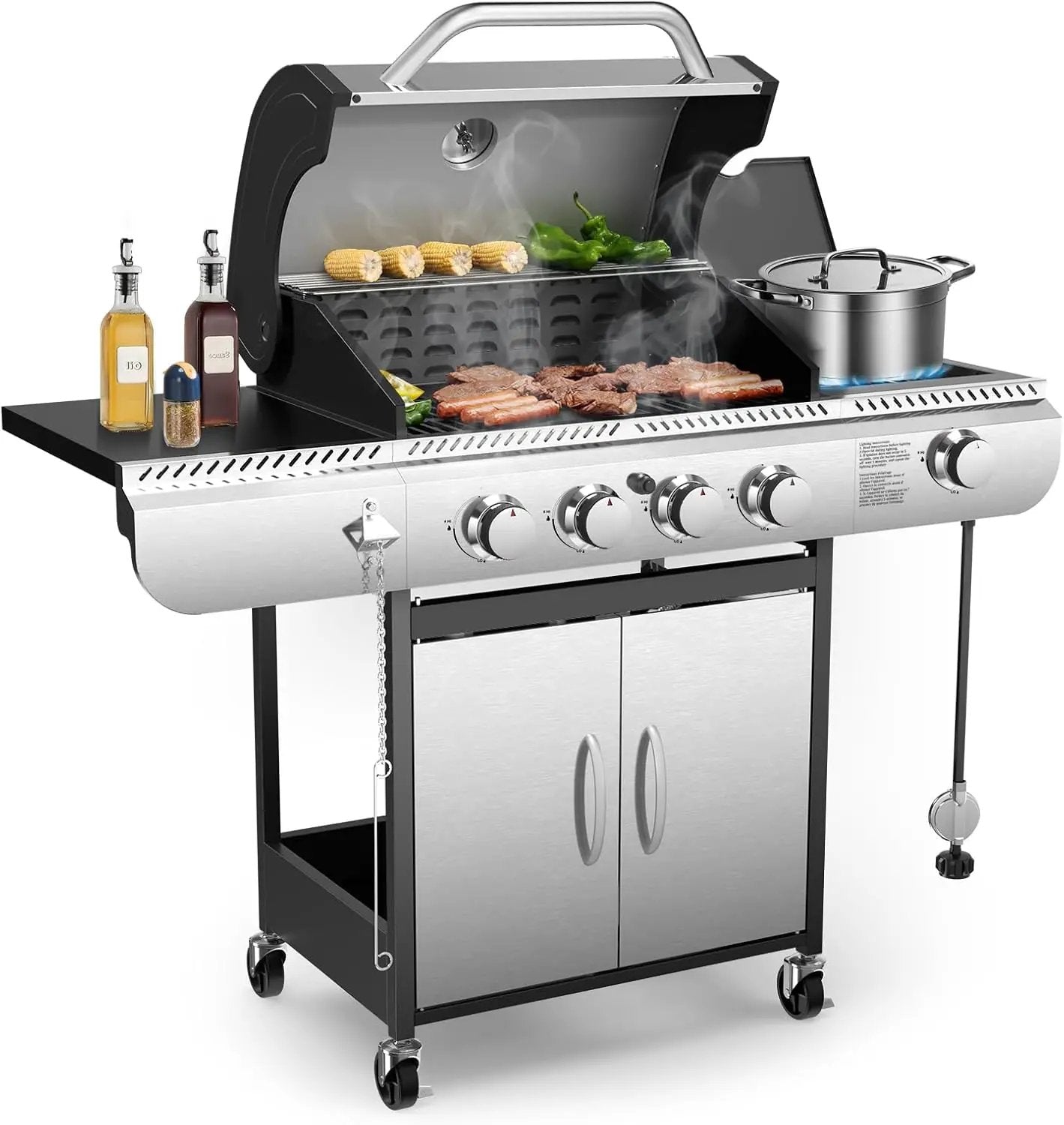 G41 Gas Grill,4-Burner Gas BBQ Grill with Side Burner, Porcelain-Enameled Cast Iron Grates, Baking Pan, 42,000 BTU Stainless Steel Propane Grill for Outdoor Cooking and Patio Barbecues by GreenHaven Gardens