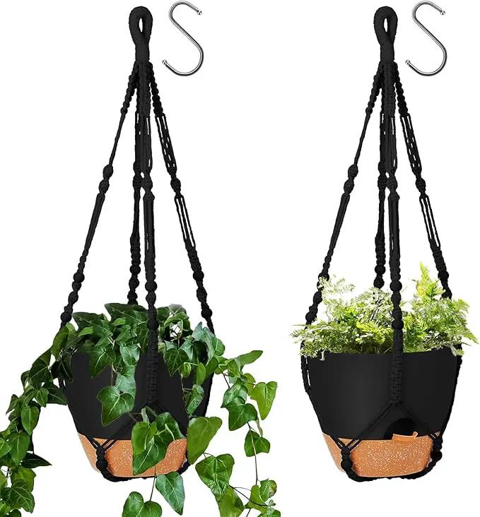GARDIFE 10 Inch Hanging Planters with Macrame Plant Hanger for Indoor and Outdoor Plants, 2 Pack Large Self Watering Hanging Plant Pot with Basket Flower Pot with Drainage Hole, Black by GreenHaven Gardens