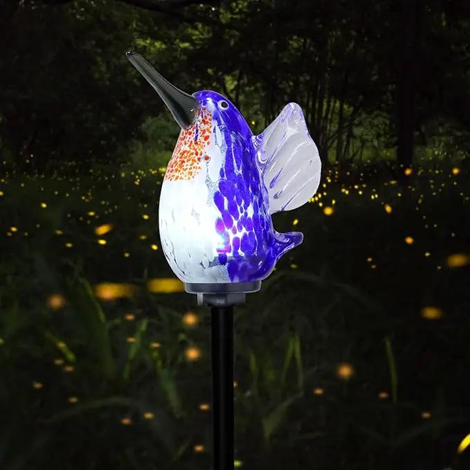 Afirst Decorative Solar Lights Outdoor Solar Hummingbird Stake Lights Hand Blown Glass Decorative Garden Pathway Light Outdoor Waterproof Glass Stakes Blue by GreenHaven Gardens