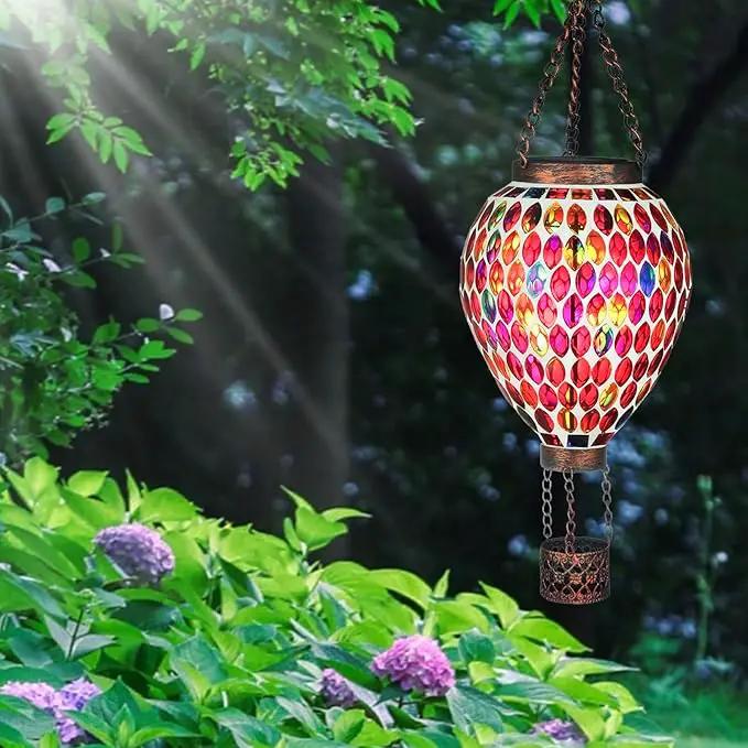 VOREEN Hot Air Balloon Solar Lantern, Mosaic Solar Outdoor Hanging Wind Light, Waterproof, Patio Festive Decor, Easter Gifts for Mom Father Grandma, Red by GreenHaven Gardens